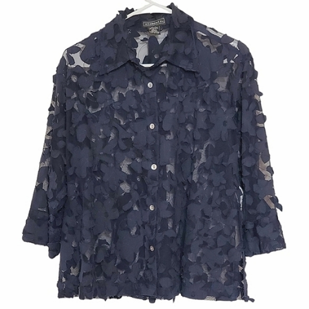 1280 * Elementz Sheer Floral Applique Button Down Blouse Navy Blue Size L